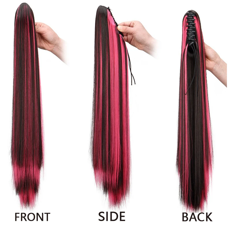 Synthetic 24Inch Long Straight Ponytail Hair Extension Claw Clip Brown Hightlights Vibrant Blue  Red Hairpiece for Women