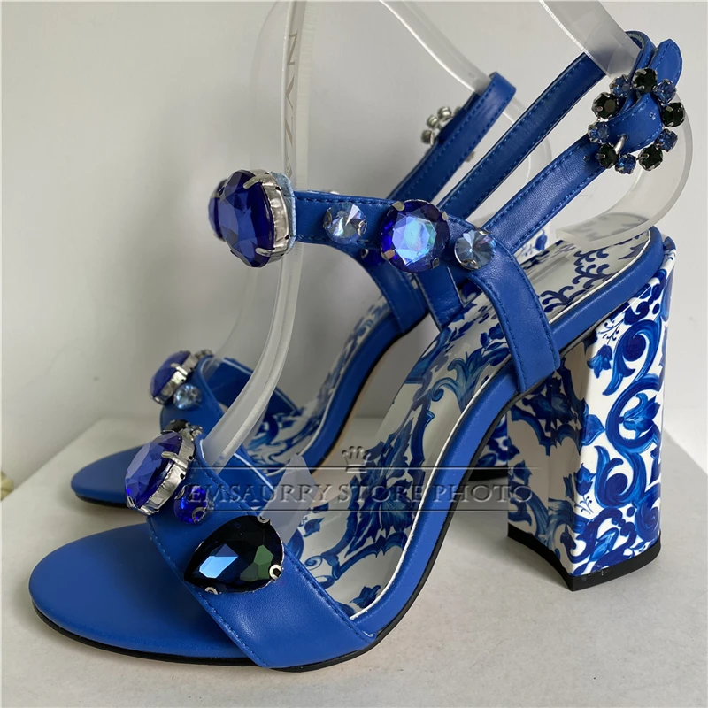 Luxury Diamond Crystal Decor Modern Sandals Women Blue And White Porcelain Print Ankle Strap Summer Shoes For Girls
