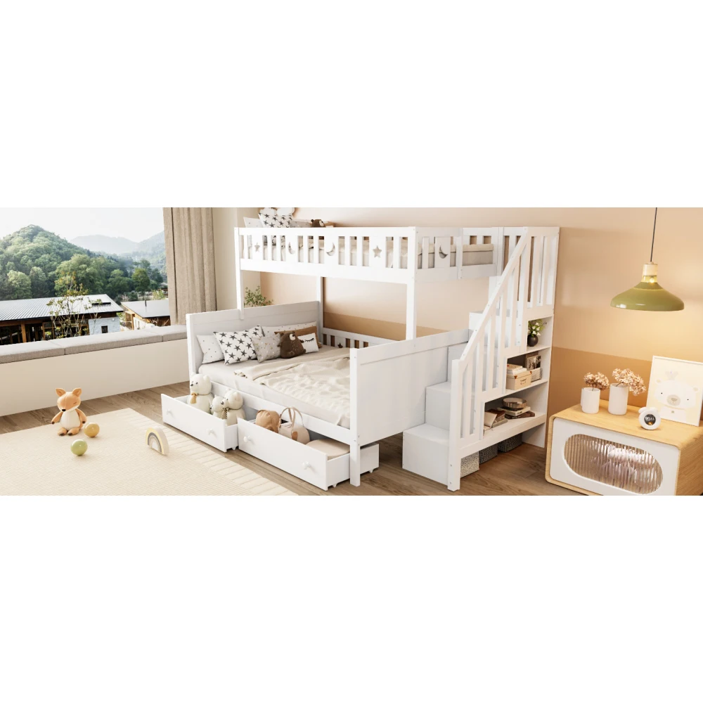 90*200/140*200cm weißes Kinder-Etagenbett, Etagenbett aus Massivholz mit Sicherheitstreppe, zwei große Schubladen und Schiefergrill – Detail 19