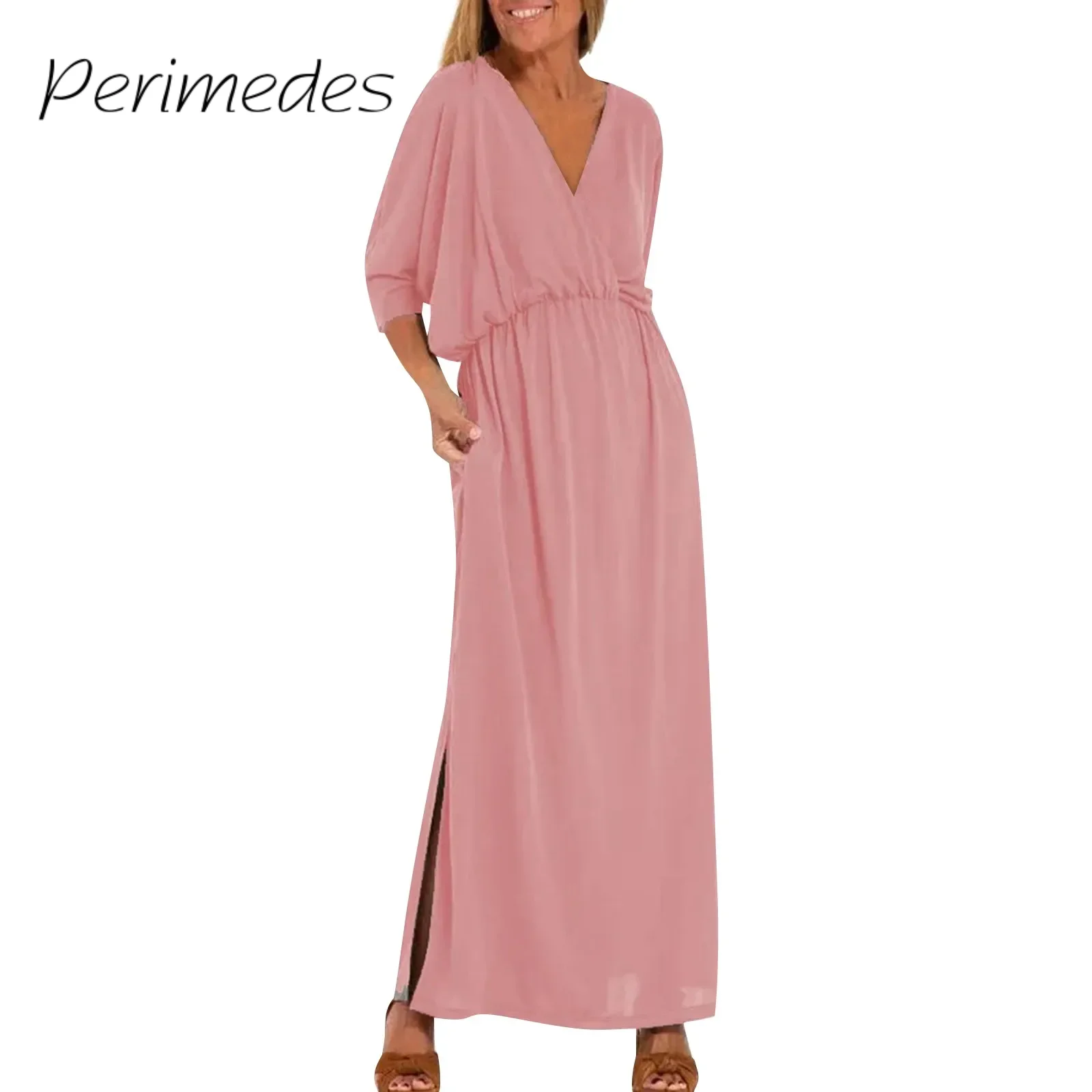 

Women'S Dress Fashion Loose Solid Color Radiant Classic 2024 Summer Flowy Dress Striking High Waist Split V-Neck Dress Vestidos
