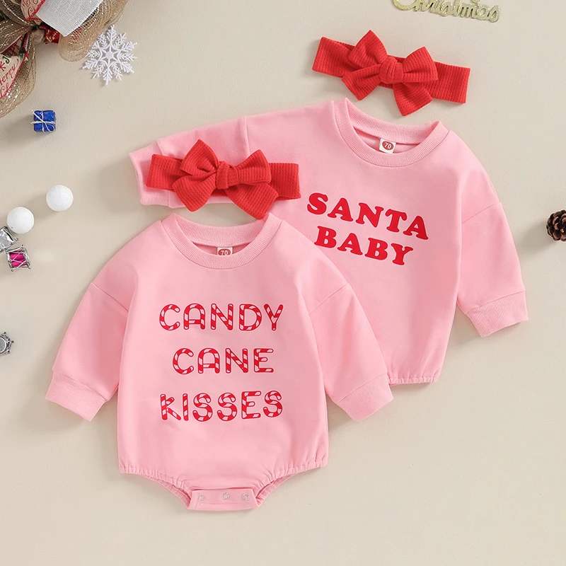 

0-18 Months Newborn Baby Girls Clothes Christmas Outfit Long Sleeve Crew Neck Letters Print Bodysuit and Headband Fall Clothing