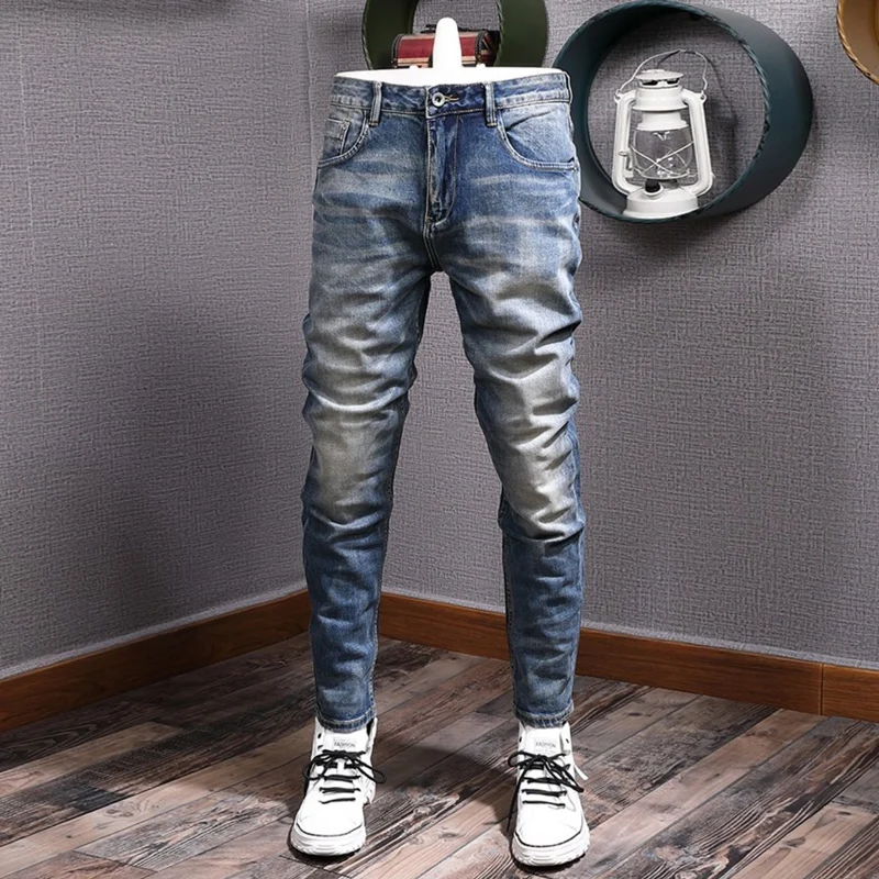 Italian Style Fashion Men Jeans High Quality Retro Blue Stretch Slim Fit Ripped Jeans Men Vintage Designer Denim Pants Hombre