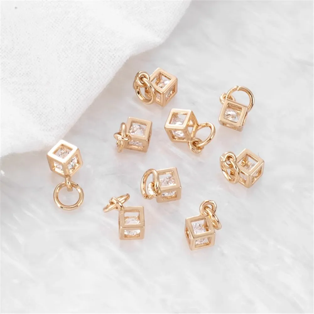 14K Gold-Plated Smart Zircon Three-Dimensional Square Pendant Bracelet Necklace, DIY Earrings Jewelry Accessories, 4mm