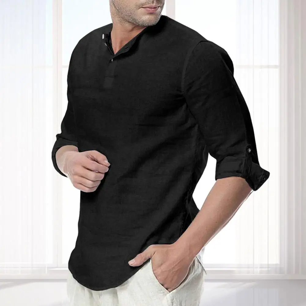 

Breathable Men Shirt Men's Solid Color Long Sleeve T-shirt with Cufflink Detail Casual O Neck Pullover for Spring Fall Soft