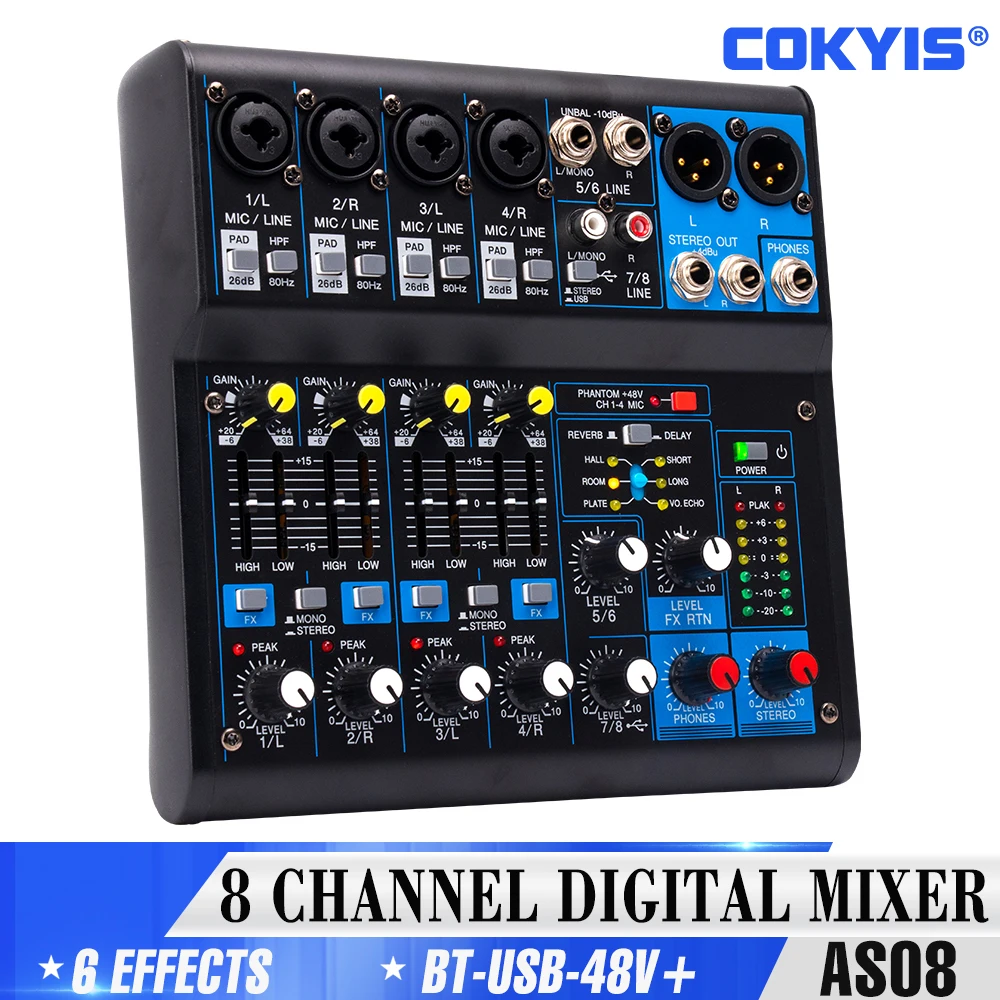 

6 8 channel MIXER Bluetooth USB Record PC 48V Phantom Power professional mixer audio Audio Interface Mixing Console