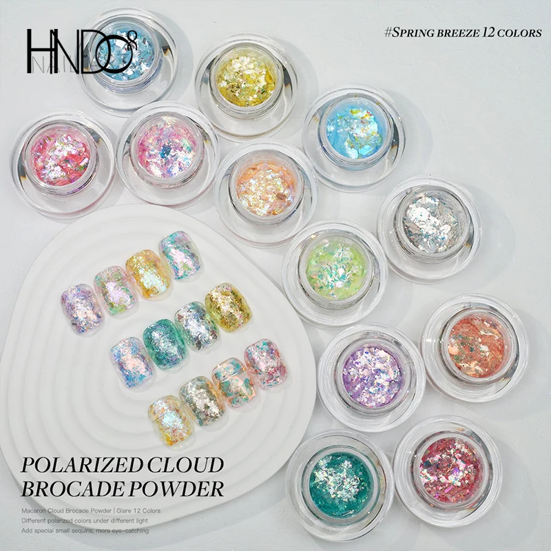 Hndo 12 cores irregulares flocos aurora prego opala pó glitter para unhas profissional diy lantejoulas pós manicure pn series