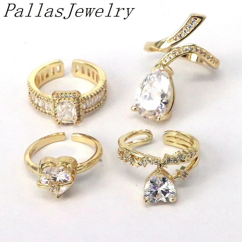 

5Pcs Trendy Cubic Zircon Crystal Rings For Women Copper Gold Plated Wedding Party Adjustable Ring Jewelry Gift Bijoux