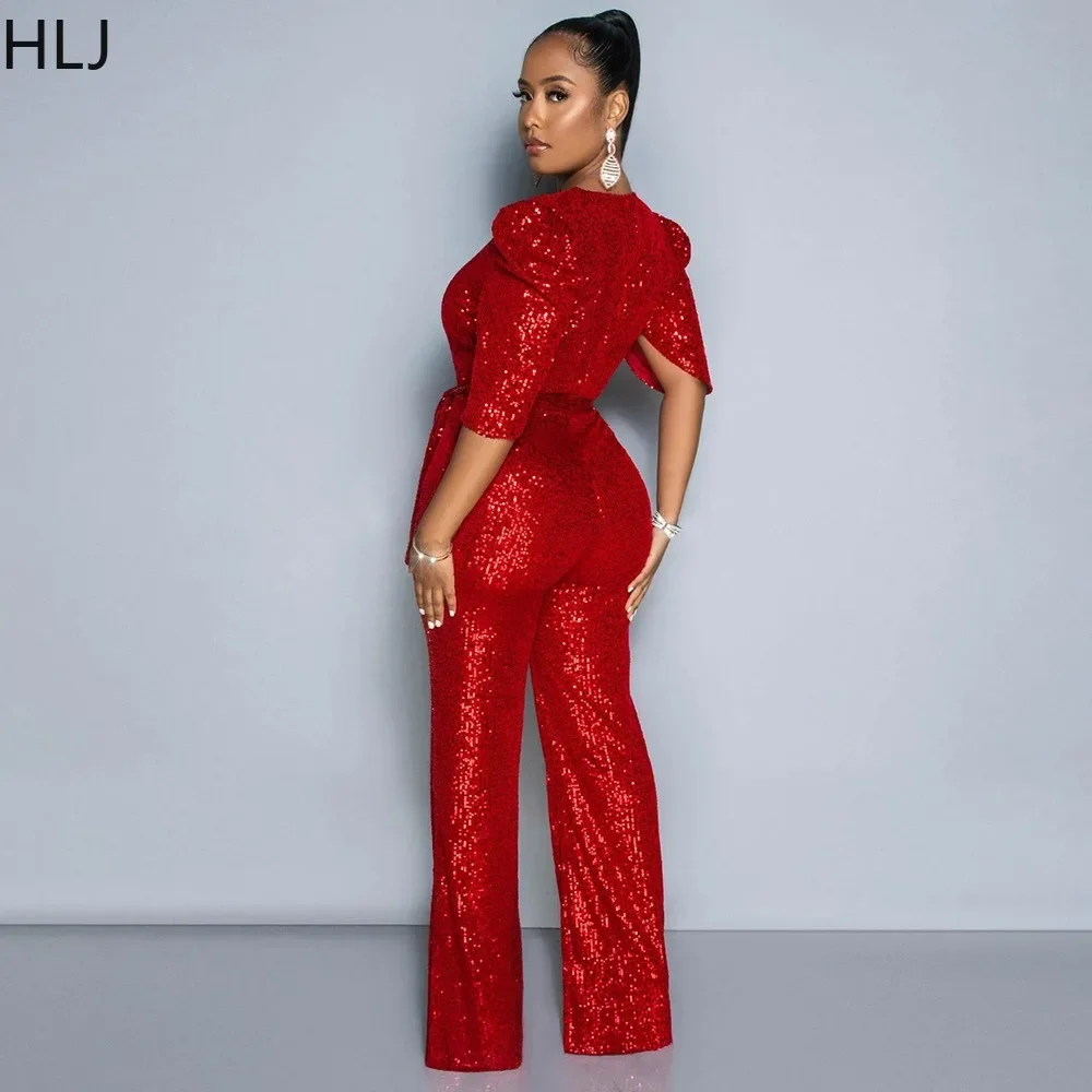 HLJ Fashion Sequin V Neck Half Sleeve Lace Up Party Club Jumpsuits Elegant Women Slim Straight Pants Playsuits Female Overalls