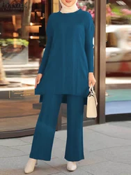 ZANZEA Women Muslim Suit Abaya Kaftan 2PCS Long Sleeve Split Hem Blouse Wide Leg Pants Sets Solid Elegant Outfit Tracksuits