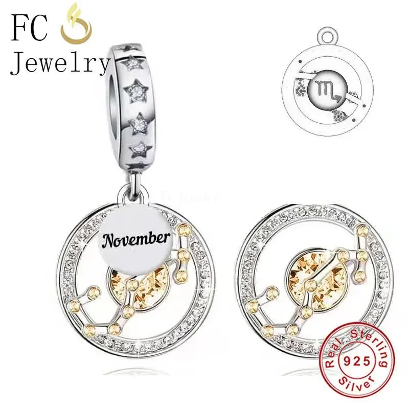 FC Jewelry Fit Original Charm Bracelet 925 Silver 12 Constellation Zodiac Horoscope Sign Birthstone Bead For Making Berloque 3