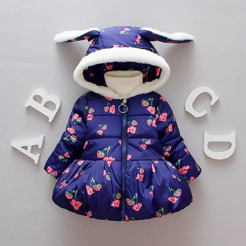 

Girls' Winter Coat Cotton Jacket Sweet Lovely Rabbit Ears Hooded Princess Mushroom Print 0-6 Year Old Baby Plush Thickened Parka