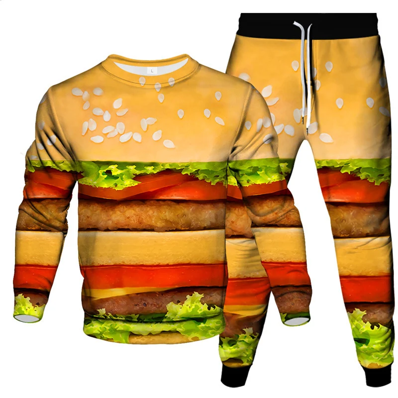 Hamburger Cucumber 3D Print Men's Sportswear Set Casual Long-Sleeved T Shirt Pants 2-Piece Set Oversized Pullover Men Clothing 4