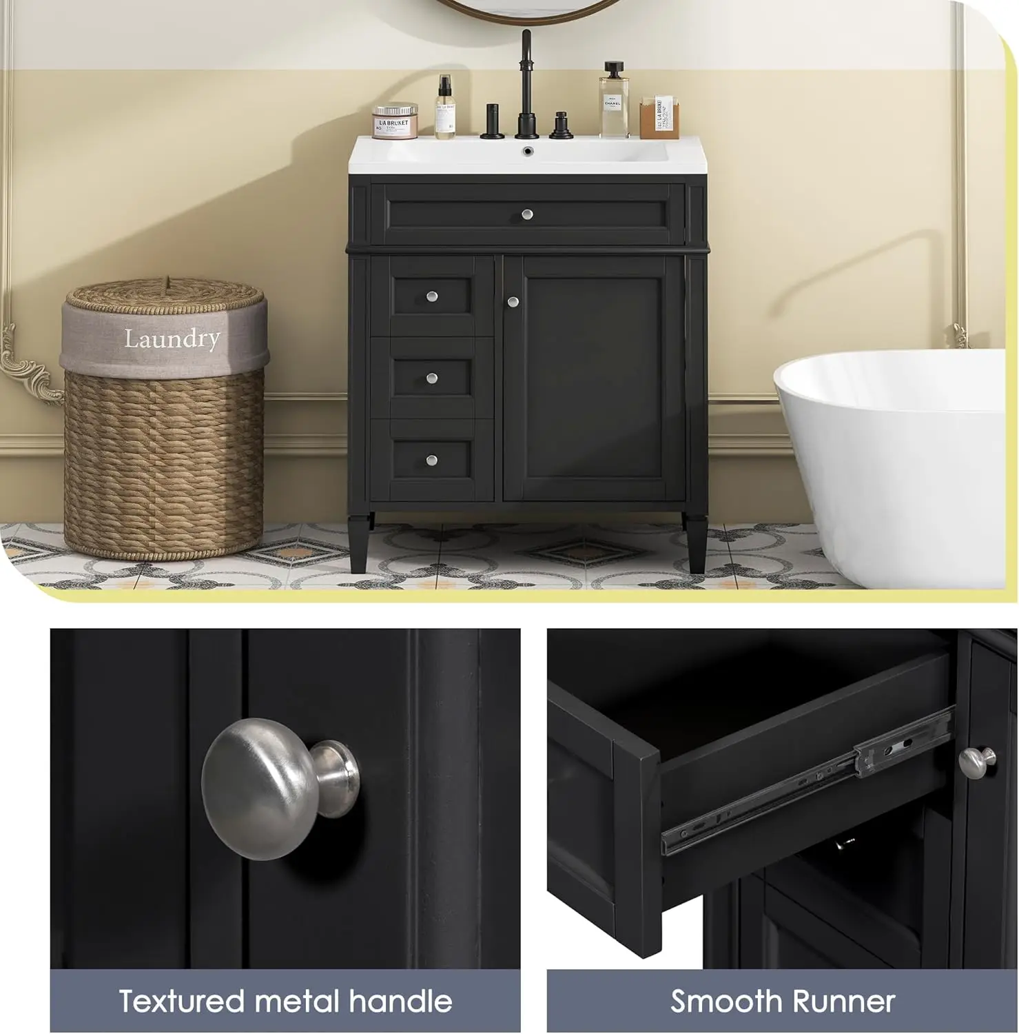 30" Bathroom Vanity with Single Sink Combo, Modern Undermount Bathroom Sink Cabinet with 2 Drawers and a Tip-Out Drawer 6