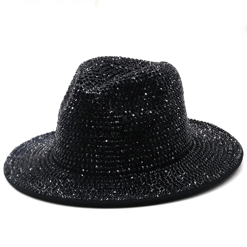 fedora hat Full Diamond Adjustable Flat Top Fedora Hat Bling Rhinestone Panama Spring Summer Men Wide Brim Felt Jazz Hats Women's Stage Hat mens straw fedora