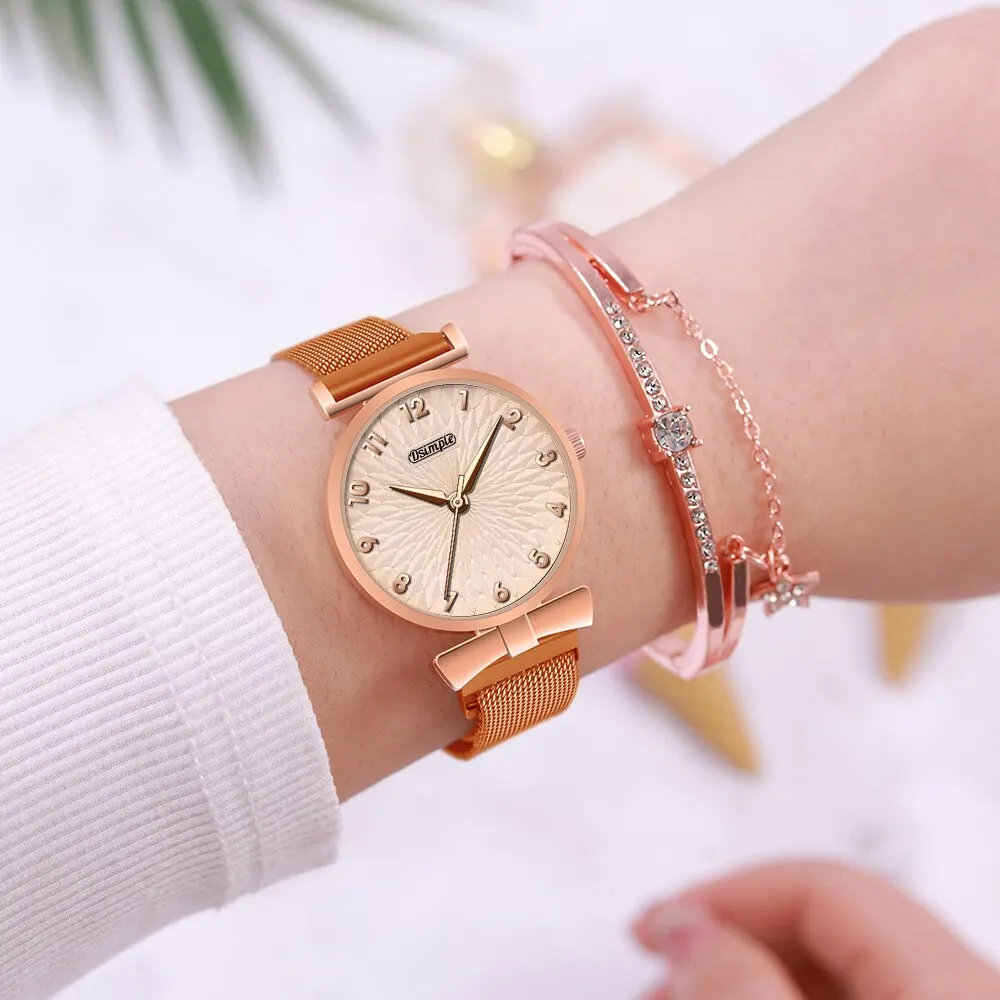 2PCS Set Fashion Women Bracelet Quartz Watches Women Magnetic Watch Ladies Sports Dress Rose Gold Wrist Watch Clock Reloj Mujer 6