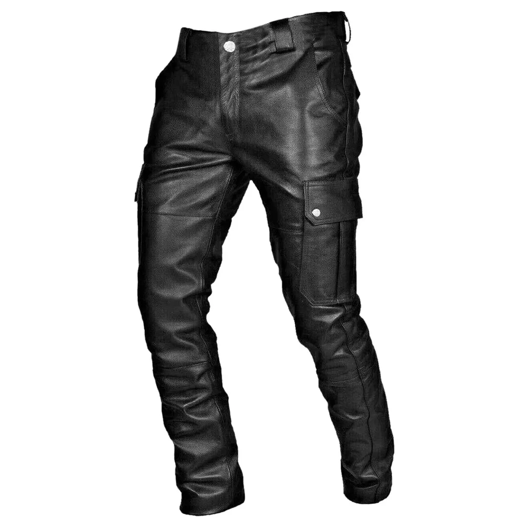 2024 new explosive men's casual leather pants fashion motorcycle pants Motorcycle pants PU strap casual leather pants