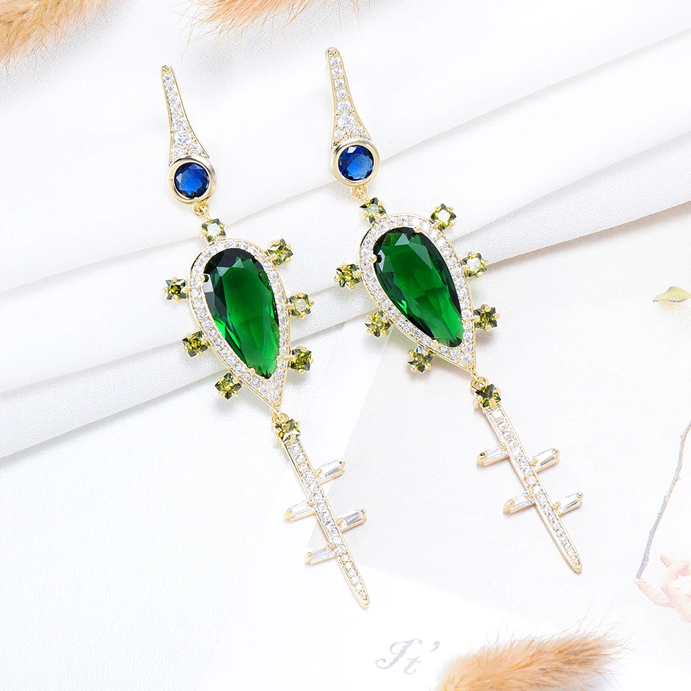 

Kellybola Luxury Summer Green Long Pendant Earrings Full Cubic Zirconia for Women Wedding Trendy Earrings Bijoux High Quality