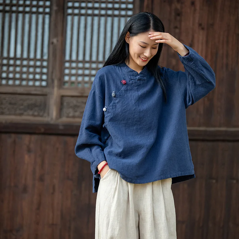 New Chinese Style Women's Tang Suit Traditional Clothes Ethnic Long Sleeve Vintage Top Hanfu Ladies Linen Clothing For Women 2XL