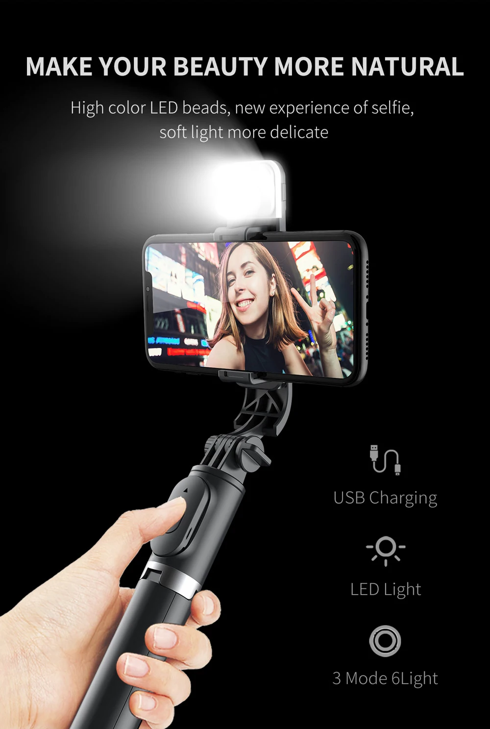 Wireless Bluetooth Selfie Stick Tripod for iPhone Android Smartphone with Remote LED Light