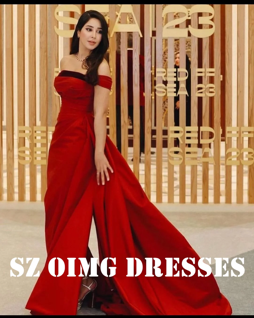 

OIMG новый дизайн с открытыми плечами красные женские платья, саудовские арабские женские атласные вечерние платья с короткими рукавами, официальное женское платье