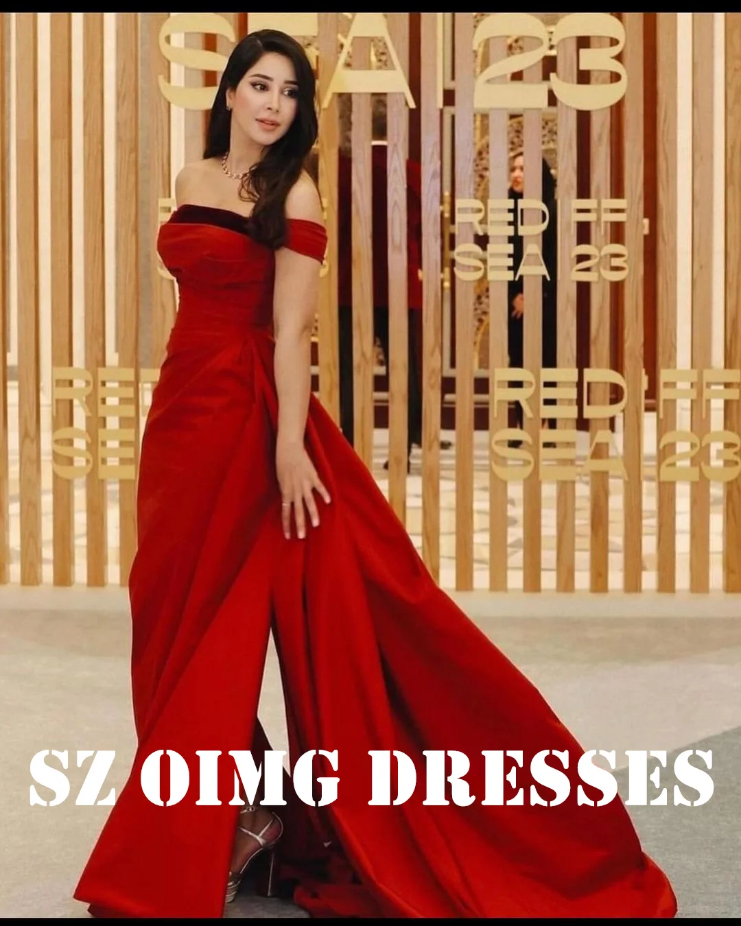 

OIMG New Design Off the Shoulder Red Ruched Prom Dresses Saudi Arabic Women Satin Short Sleeves Evening Gowns Formal Party Dress