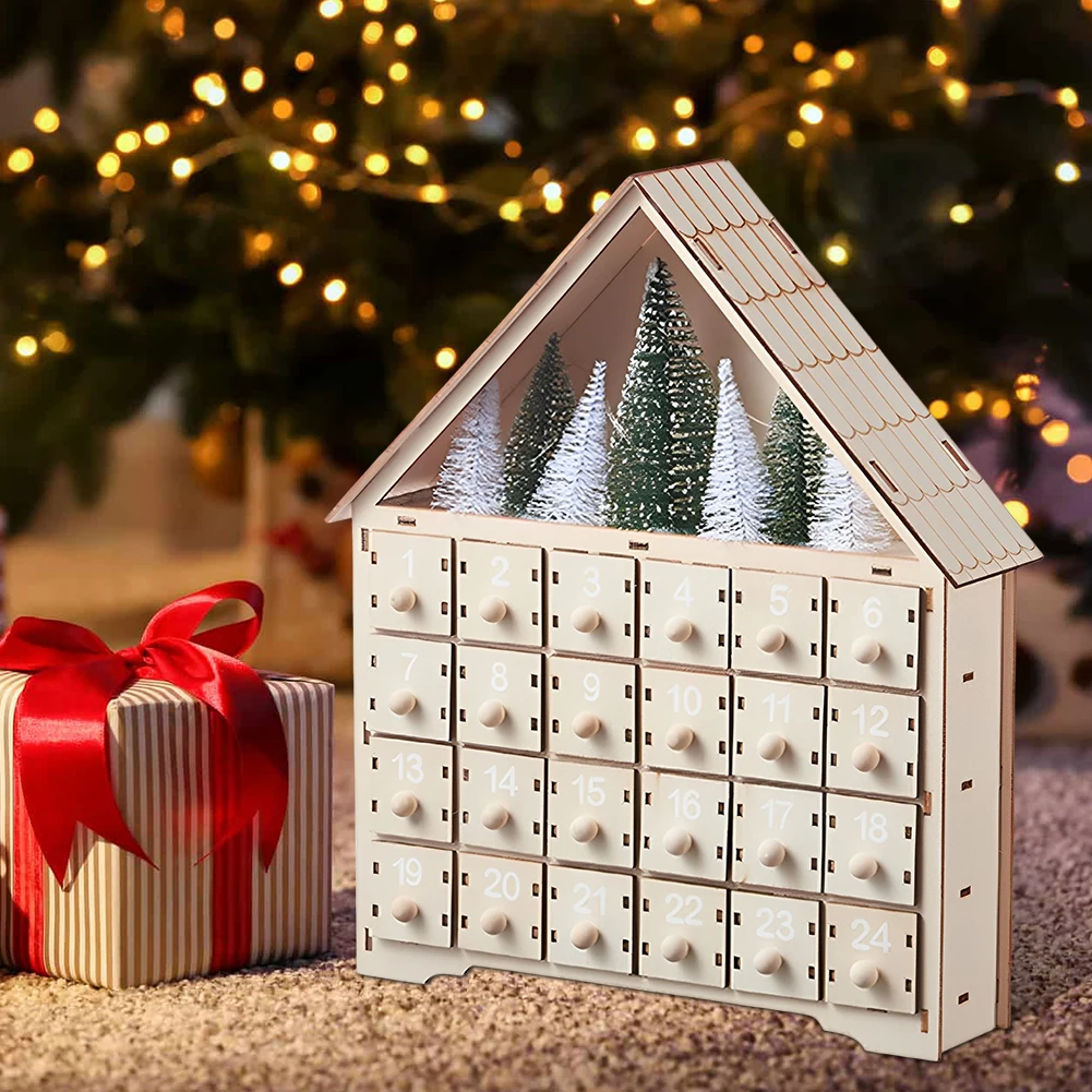 Wooden LED Reusable Advent Calendar with Drawers Countdown To Christmas Calendar DIY for Adults Kids Gifts Holiday Decoration