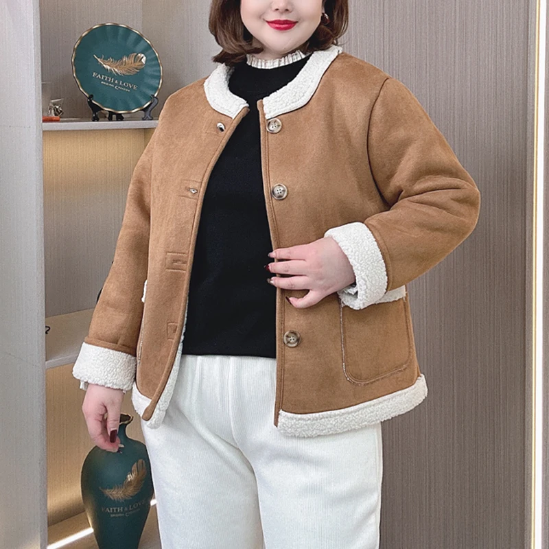 4XL PLUS Size Women's Suede Jacket Winter Loose Thicken Composite Fleece Coat 927