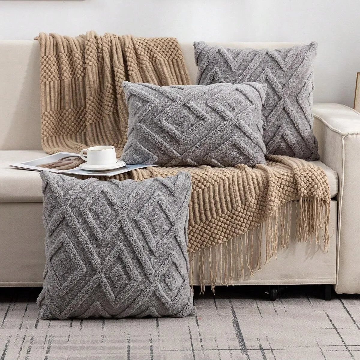 Gray diamond-pattern faux fur pillows