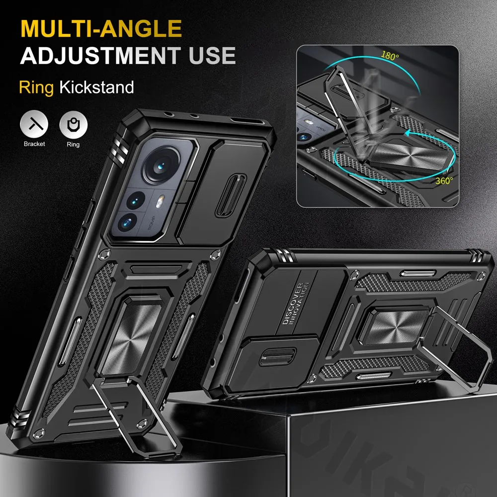 KANSi Cover per Xiaomi 12T Pro/Xiaomi 12T, Vetro Temperato [2 Pack] Custodie Silicone TPU 360° Rotante Anello Magnetica Anello Ring Supporto Bumper - Nero
