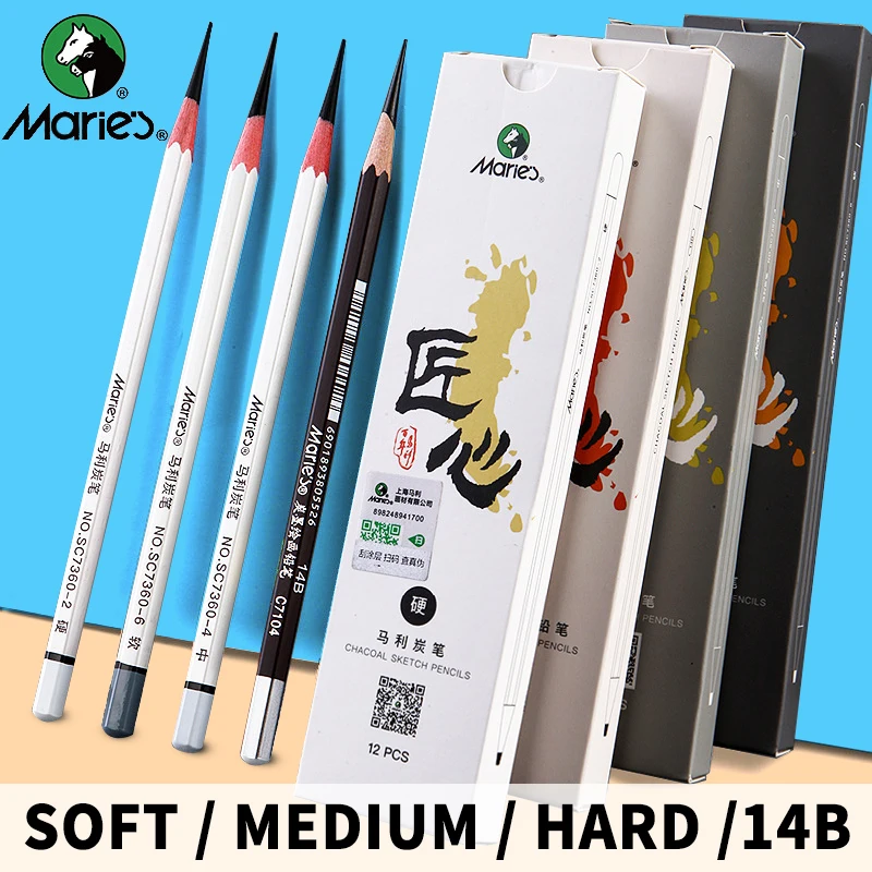 

Marie's Charcoal Sketch Pencils Set SC7360 Artist Sketching Drawing Pencil Soft 14B Extra Soft 12 Pcs/box Students Art supplies