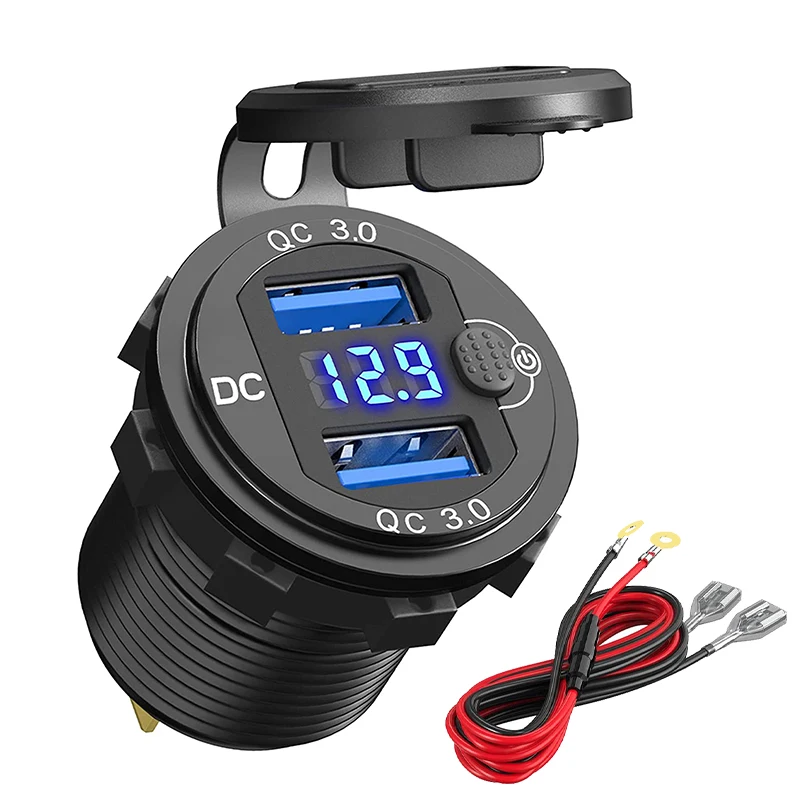 

Quick Charger Aluminum QC3.0 Dual USB Car Charger with Switch Button LED Voltage Display for 12V/24V Cars Boats Motorcycle