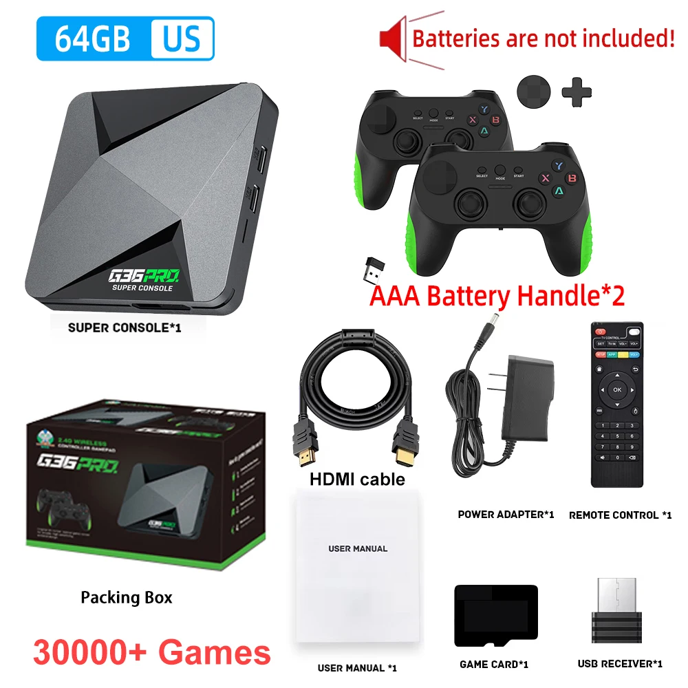 슈퍼 콘솔 G36 프로 게임 박스 64GB 미국/영국/유럽 레트로 비디오 게임 콘솔 DC/FC/NAOMI/세가/아케이드용 게임패드 포함 30000개 게임 탑재