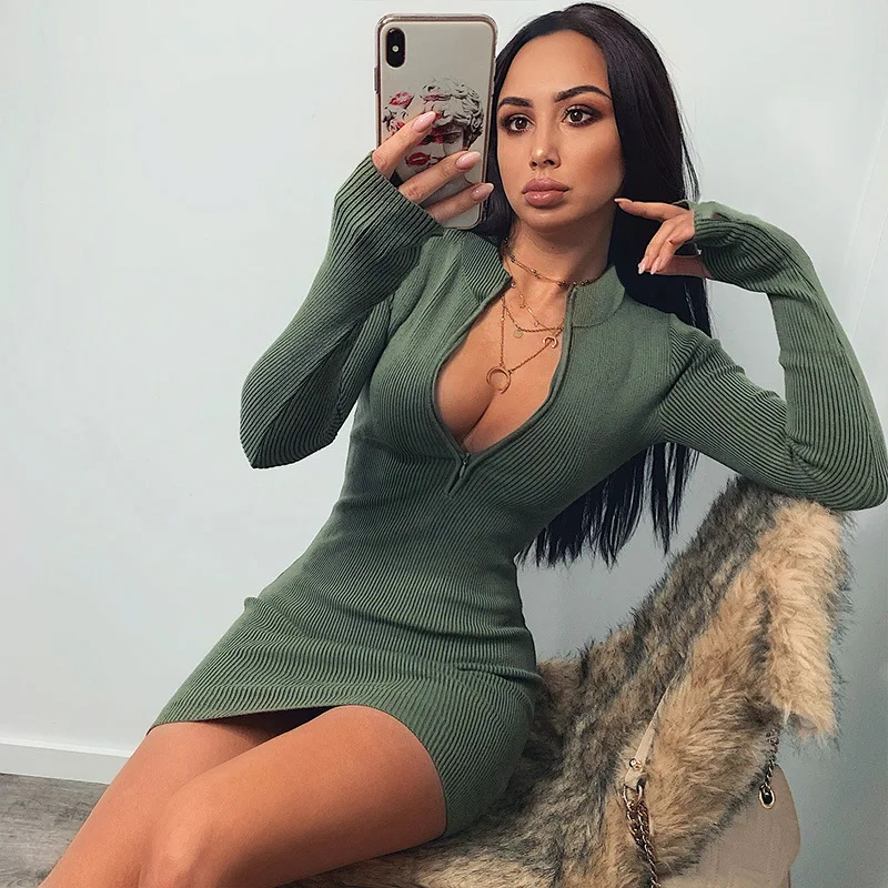 

Женское Элегантное трикотажное сексуальное платье, женское повседневное облегающее однотонное платье в рубчик с длинным рукавом, молнией и V-образным вырезом, привлекательное облегающее мини-платье, трикотажная одежда