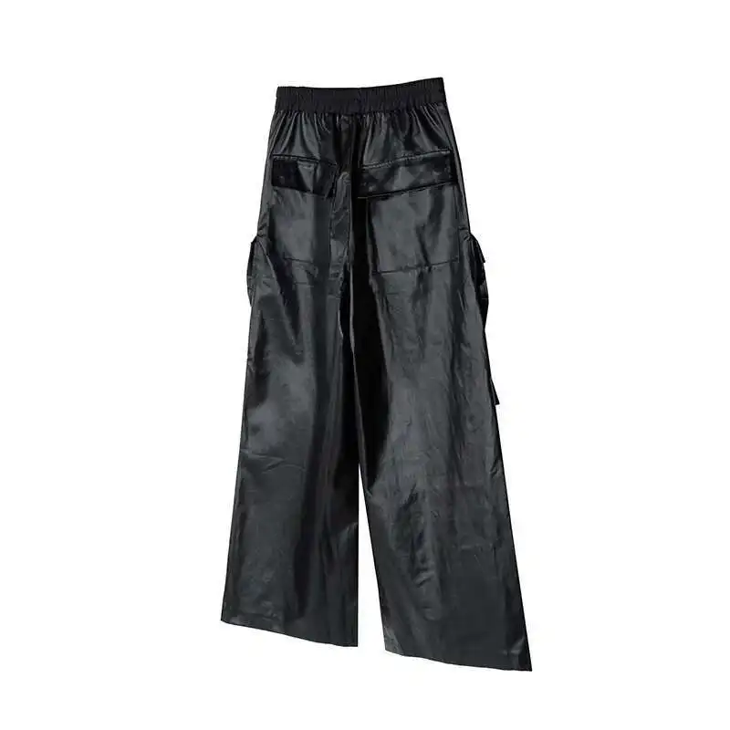 Men's Work Pants PU Leather Pocket Wide Leg Trousers Solid Color Darkwear Male Casual FEWQ 21Z7056 men trousers leather pants