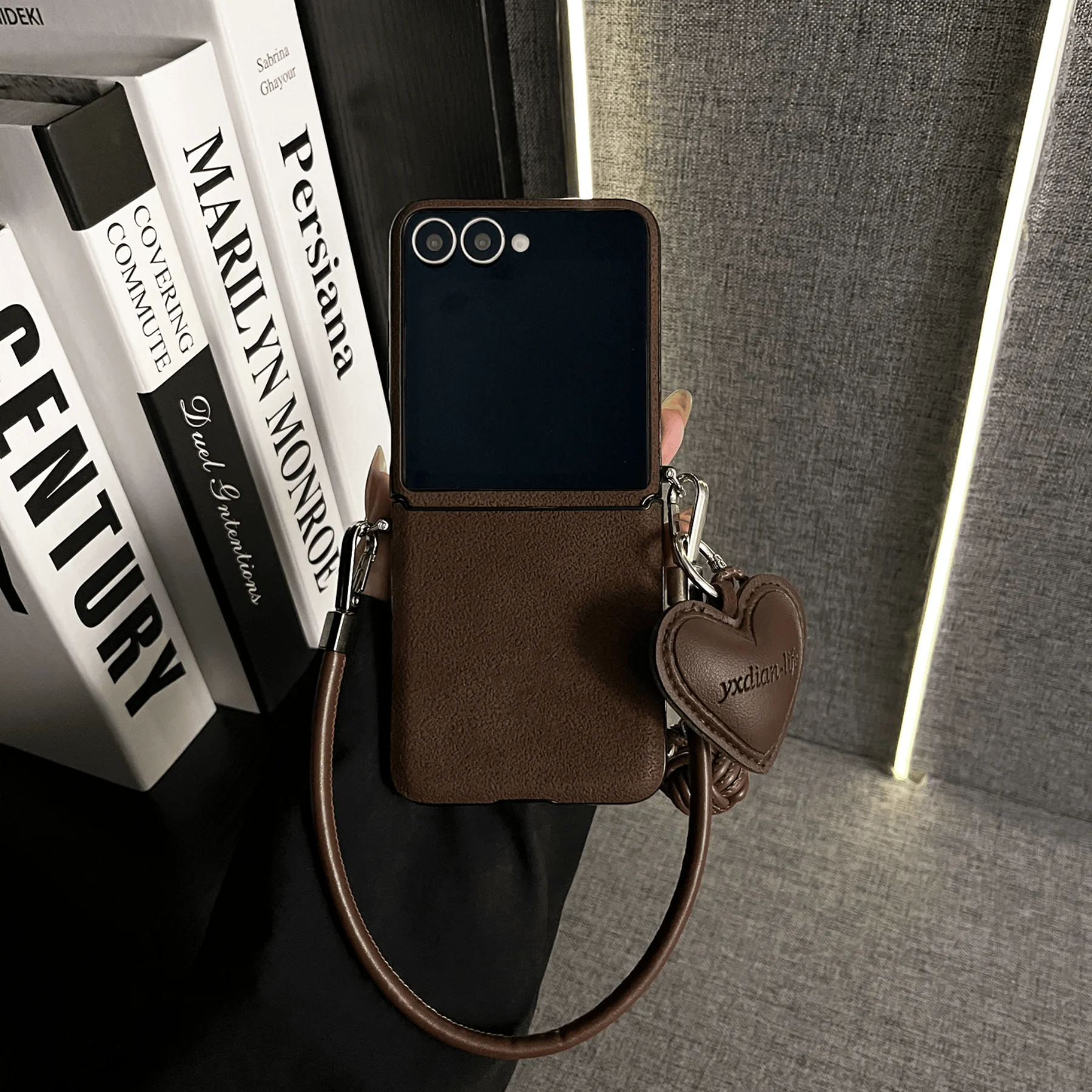 Luxury Brown Moon Pattern Magnetic Phone Case with Leather Heart Pendant