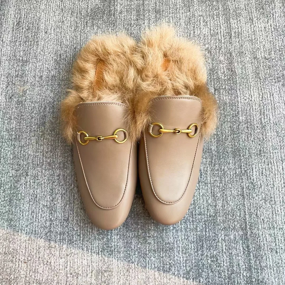 Top grade cowhide material round toe flat bottom half slippers, wool outdoor anti slip casual shoes,metal buckle fashion sandals 2