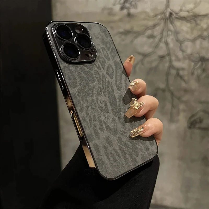 Luxury Plating Leopard Texture Leather Case with Lens Protection and Shockproof Design