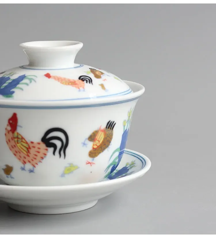Jingdezhen-Chinese Teaset Archaistic Rooster GaiWan Ceramic Lid Bowl Coffee Cup and Saucer Set Tableware Teaware Teacups