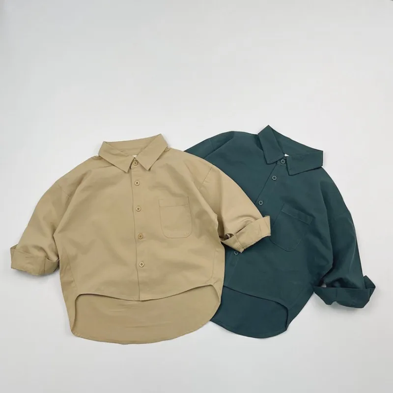 

2024 Spring New Children Long Sleeve Loose Lapel Shirts Boys Girls Cotton Cardigan Kids Baby Solid Simple Versatile Tops Coat