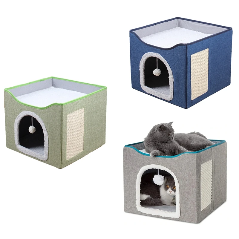 

Large Cat Bed With Ball Hanging And Scratch Pad Double Layered Foldable Cat Beds For Indoor Cats Sleeping All Seasons