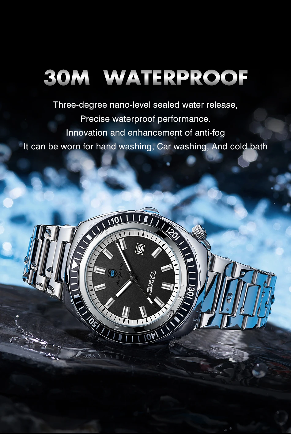 Montre homme de luxe, style business, date, jour de la semaine, étanche, lumineuse, bracelet sport en acier inoxydable, mouvement à quartz._voghion.com