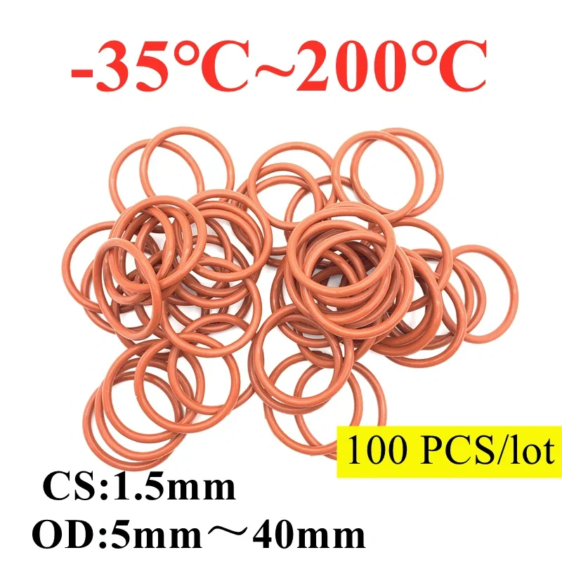 

100pcs Red VMQ Silicone O Ring CS 1.5mm OD 4.5mm ~ 45mm FoodGrade Waterproof Washer Rubber Insulated O Shape Seal Gasket