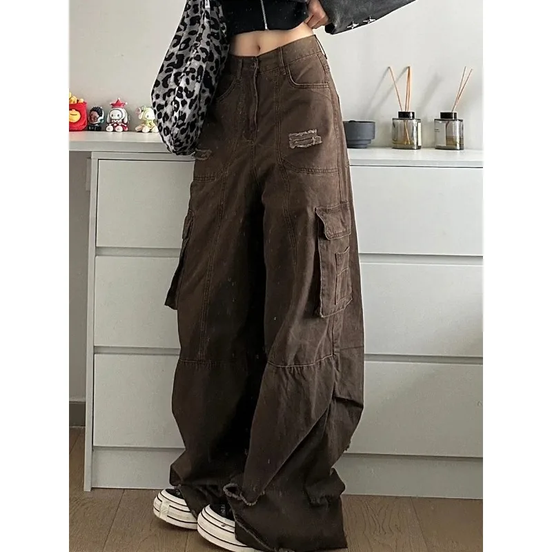 Deeptown Vintage Y2k Oversize Cargo Jeans Woman Harajuku Streetwear Wide Leg Trousers Hip Pop Spring Denim Pants Aesthetic Kpop