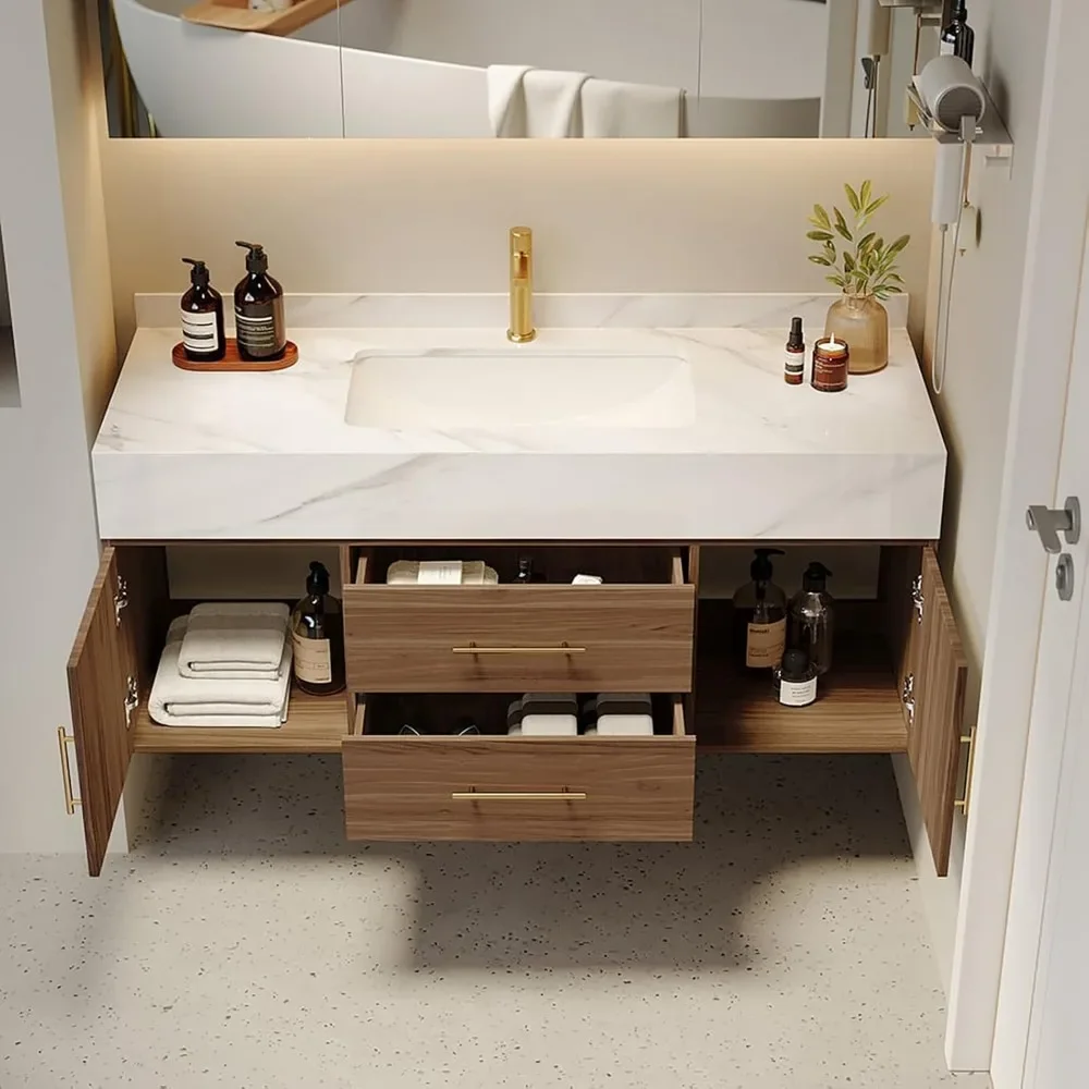 Modern 39" Floating Bathroom Vanity Set Stone Top Wall Mounted Bathroom Cabinet 4