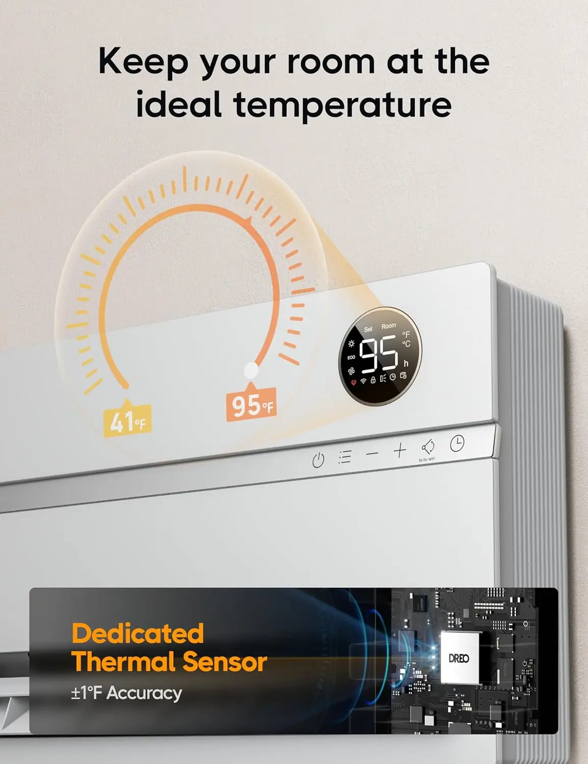 Smart Wall Heater, Electric Space Heater for Bedroom 1500W, 120° Vertical Oscillation, Adjustable Thermostat, Remote Control