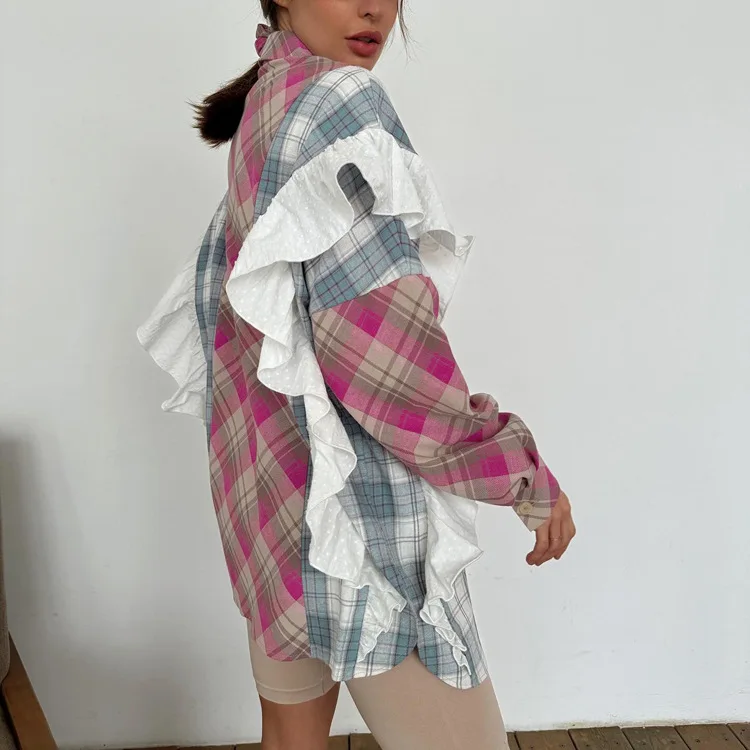 Ruffled Fashion Patchwork Shirts Women's Long Sleeve Lapel Cardigan Striped Contrast Clothes For Women Summer Shirts Coat