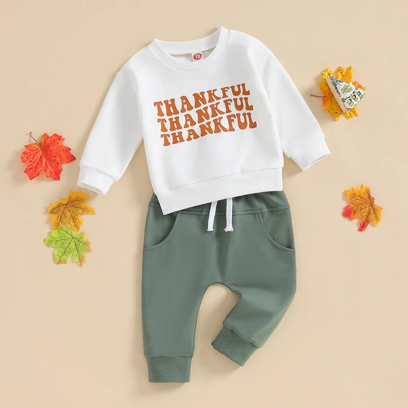 Toddler Boy Thanksgiving Outfit Set with Letter Print Sweatshirt and Elastic Pants for Fall Holiday Clothes Collection