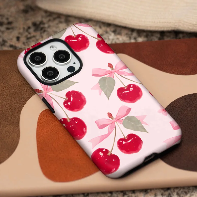 Pink Cherry Shockproof Phone Case with 2-in-1 Film Shell Cover