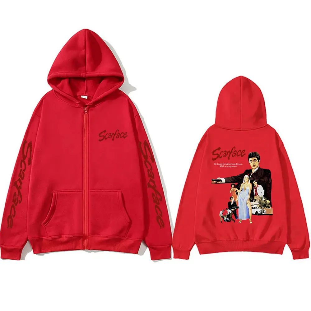 90s Vintage Movie Scarface Tony Montana Zipper Hoodie Al Pacino Print Hoodies Men Women Hip Hop Casual Oversized Zip Up Jacket