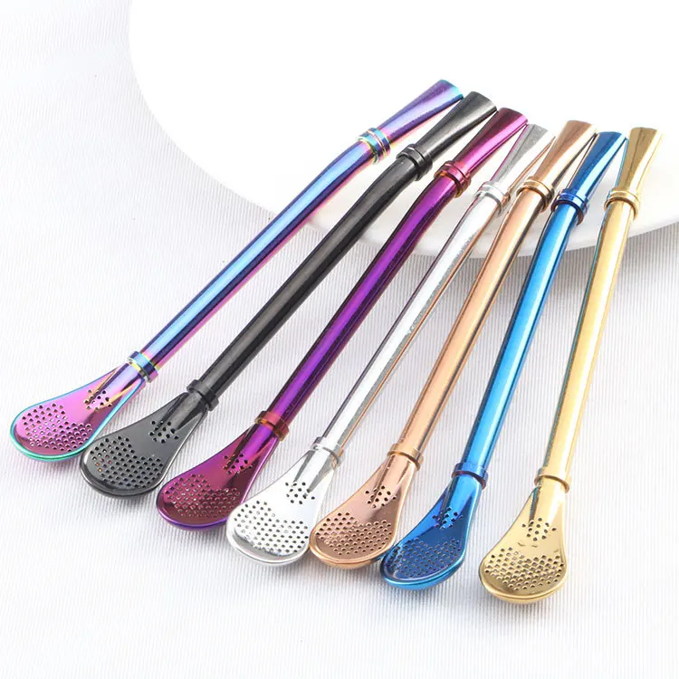 Drinking Straws Metal Straw Set Metal Straws Stainless Steel Straw Colorful 304 Stainless Steel Tea Drinking Straws Spoon Yerba Mate Tea Filter Reusable Bombilla Gourd Tools Bar Accessories